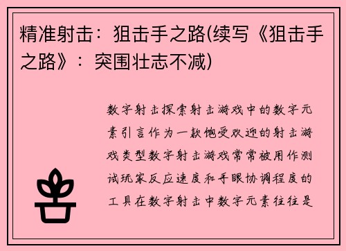 精准射击：狙击手之路(续写《狙击手之路》：突围壮志不减)